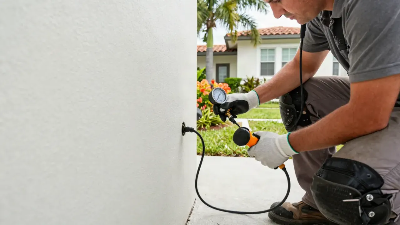Leak Detection in Wellington, Florida: Two leak detection specialists working together: one holding a listening device to a