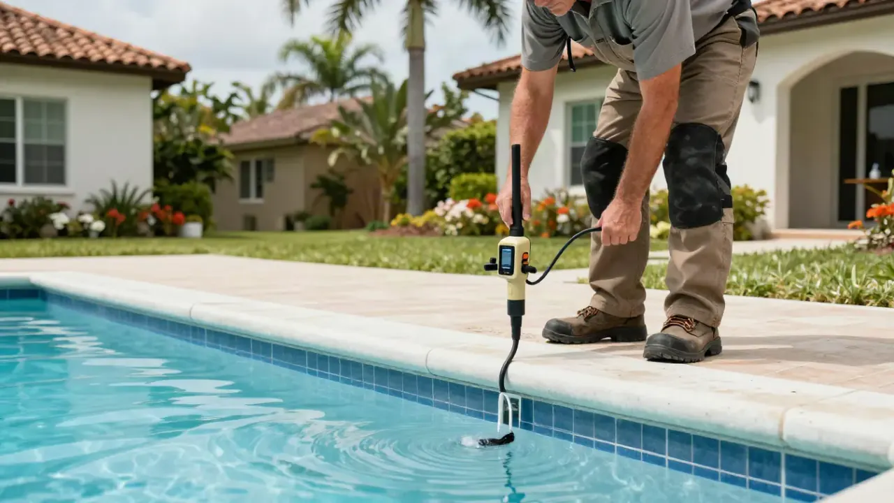 Pool and Spa Leak Location in Wellington, Florida: leak detection specialist using a hydrophone, or underwater listening
