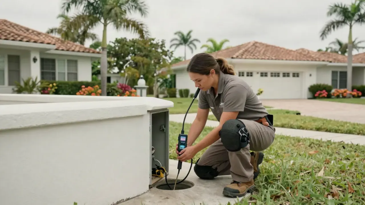 Water Service Line Leak Location in Wellington, Florida: leak detection specialist lowering a sensitive listening device
